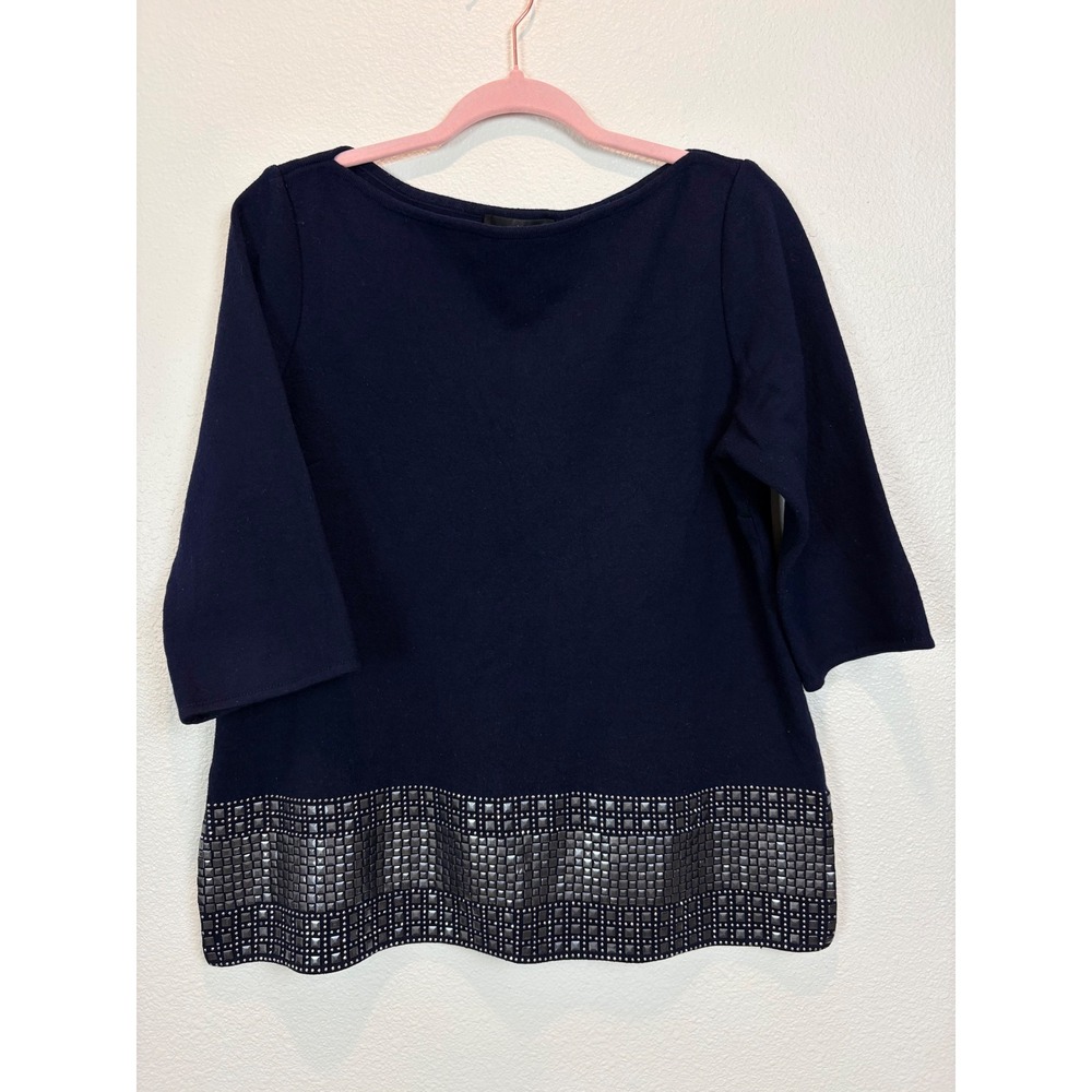 St John Navy Blue Wool Blend Studded Hem Knit Top 3/4 Sleeve Boatneck